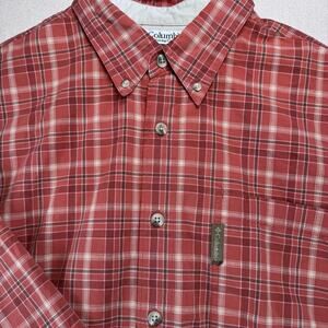 Columbia Cotton Shirt L Men's Rust Red Long Sleeve Windowpane Plaid Outdoor-wear